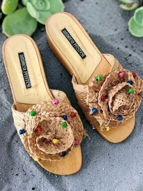 Vintage Andrea Pfister Woven Raffia Floral Slides Wood Platform Sandals EU 40
